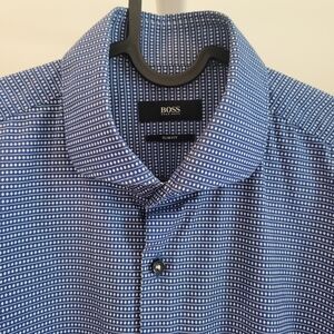 Boss Men's Navy and White Striped Dress Shirt 39 Slimfit